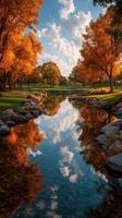 Reflections of autumn colors in a serene park by a winding stream on a clear sunny day photo