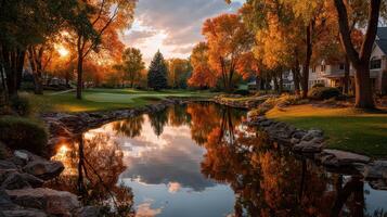 Beautiful autumn evening at a golf course with vibrant trees and tranquil reflections in the water photo