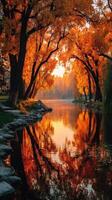 Vibrant autumn colors reflecting in a serene river at sunrise near a woodland area photo