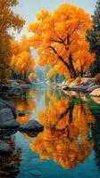 Autumn landscape features vibrant orange trees reflecting on serene water in a peaceful river setting photo