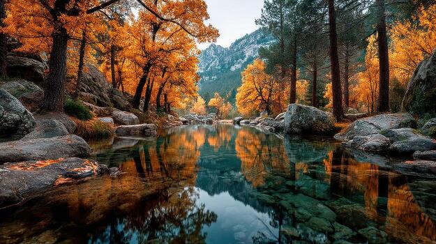 Stunning autumn reflection on a serene river surrounded by vibrant trees in a mountainous landscape photo
