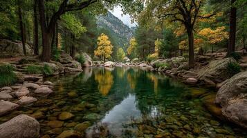 Scenic view of a tranquil river surrounded by autumn foliage in a mountainous region photo