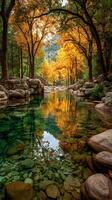 Colorful autumn leaves reflect in a serene river surrounded by rocks in a peaceful forest setting photo