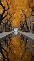 Autumn reflection along a serene canal lined with golden trees in a peaceful setting photo