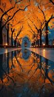 Autumn trees with golden leaves reflect in a serene pool at twilight in a peaceful park setting photo