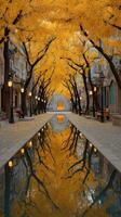 Stunning reflection of golden trees along a serene pathway in autumn evening light at a city park photo