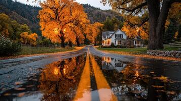 Autumn road lined with vibrant trees reflects a charming house during a serene evening in a picturesque landscape photo