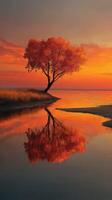 Vibrant sunset casting orange hues over a tranquil lake with a solitary tree reflecting in the water photo