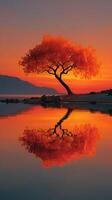 Vibrant autumn tree reflects in calm lake during sunset illuminating the sky with warm hues photo
