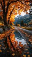 Vibrant autumn colors reflect in still water along a winding country road by the mountains photo