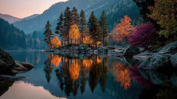 Beautiful autumn landscape with colorful trees reflected in calm lake waters at dawn in a mountainous area photo