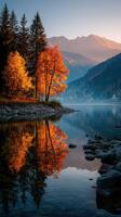 Stunning autumn landscape with vibrant trees reflecting on a serene lake at sunset in the mountains photo