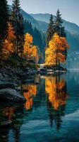 Autumn colors reflect in the serene waters of a mountain lake during early morning light photo
