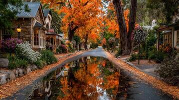 Charming autumn street lined with vibrant trees and reflections in puddles during a peaceful day photo