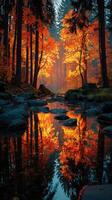 Vibrant autumn landscape featuring colorful trees reflected in a tranquil stream during the late afternoon light photo