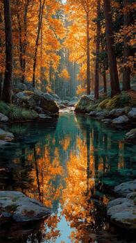 Golden autumn leaves reflect in a serene forest stream during a tranquil afternoon photo