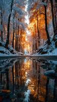 Winter forest with snow and autumn leaves reflecting in calm water during golden hour photo