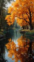 Autumn colors reflect on calm water in a serene park setting during a sunny afternoon photo