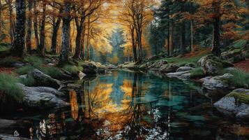 Serene autumn landscape with colorful trees reflected in calm water near a rocky shore photo