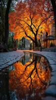 Vibrant autumn colors reflect in puddles along a cobblestone path in a serene park setting at dusk photo