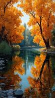 Autumn trees reflect in calm river waters at a serene landscape location surrounded by nature photo