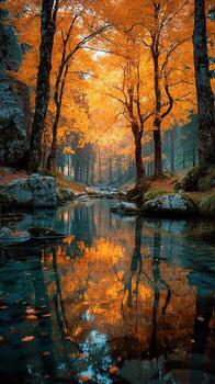 Bright autumn foliage reflects in tranquil stream surrounded by trees in a serene forest setting during golden hour photo