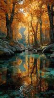 Serene autumn landscape with vibrant orange leaves reflected in calm river at midday light photo