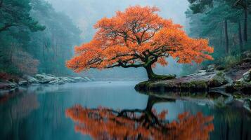 Vibrant orange tree reflected in still water in a misty forest during autumn's peak season photo