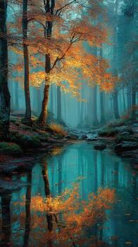 Autumn trees reflect in calm water at dawn in a tranquil forest surrounded by mist photo