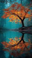 Autumn tree with vibrant orange leaves reflected in a calm forest lake at dawn photo