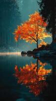Vibrant autumn tree reflecting on calm water in peaceful forest setting during early morning light photo