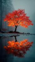 Vibrant autumn tree stands alone by a serene lake reflecting its fiery colors in a tranquil morning mist photo
