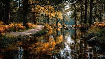 Autumn colors reflect over a quiet stream in a serene forest setting during the golden hour of late afternoon photo