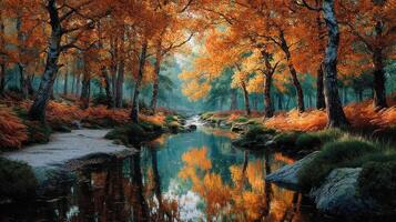 Autumn landscape with vibrant orange leaves and a serene stream in a tranquil forest photo