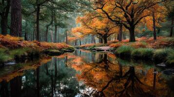 Autumn forest landscape with vibrant orange trees reflecting in calm creek waters photo