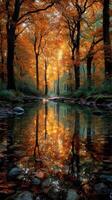 Autumn forest with vibrant orange leaves reflecting in a calm stream at midday photo