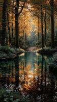 Tranquil autumn forest reflection in a calm stream with golden leaves and serene atmosphere photo