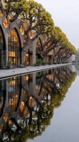Stunning reflection of modern architecture alongside a serene waterway lined with beautifully pruned trees in early morning light photo