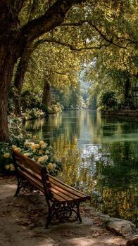 Scenic park view with a wooden bench by a tranquil lake surrounded by lush greenery during a sunny afternoon photo