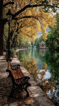 Serene autumn afternoon by the tranquil lake surrounded by vibrant foliage in a tranquil park setting photo