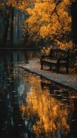 Autumn colors reflect on water by a quiet bench in a serene park setting photo