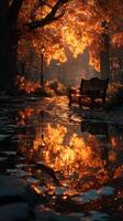 Golden autumn leaves reflect on a tranquil park path with a wooden bench at sunset photo