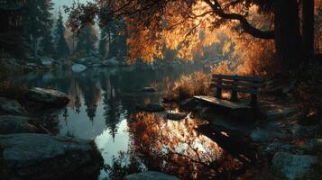 Autumn tranquility shines in a serene lakeside park at sunset with vibrant foliage reflections photo