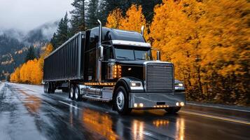 Black truck driving on a wet road surrounded by vibrant autumn trees in a scenic landscape photo