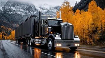 Black truck driving through autumn landscape with golden trees and mountains in the background photo