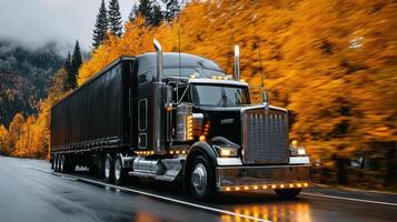 Black truck driving along a forest road surrounded by autumn trees in vibrant orange and yellow tones during overcast weather photo