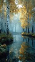 Gentle mist envelops a serene forest with golden leaves reflecting in a tranquil stream at dawn photo