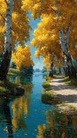 Vibrant autumn landscape with yellow trees beside a serene river under a clear blue sky in mid-afternoon photo