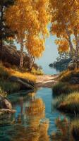 Serene autumn landscape with golden trees reflecting in calm water near a peaceful shore photo