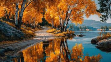 Autumn colors reflect on a calm lake beside a winding path lined with bright orange trees photo